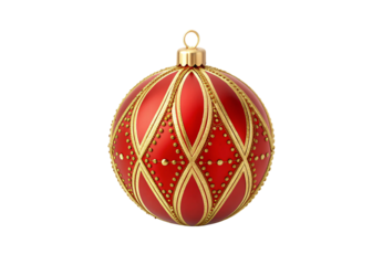 Red Christmas ball with gold beaded diamond lattice pattern, ornate festive design, isolated on a transparent background