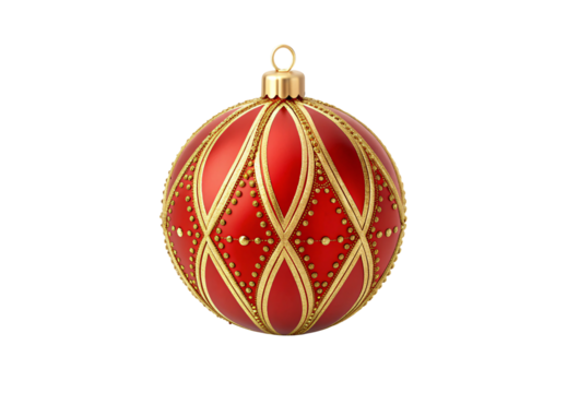 Red Christmas ball with gold beaded diamond lattice pattern, ornate festive design, isolated on a transparent background