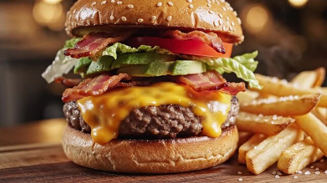 Gourmet cheeseburger with crispy bacon, avocado, lettuce, tomato, and melted cheese, served alongside golden french fries on a rustic wooden board animated 4k video