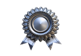 Silver award medal with flower petals, rope detail, ribbon streamers, metallic finish, isolated on a transparent background