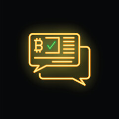 Neon glowing symbol of bitcoin transaction receipt being discussed in speech bubbles