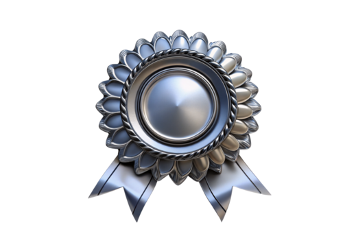 Silver award medal with flower petals, rope detail, ribbon streamers, metallic finish, isolated on a transparent background