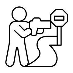 Patrolman and speed measuring radar thin line icon, police force concept. Vector graphics. Police man at road with signpost sign on white background, style icon mobile or web design.