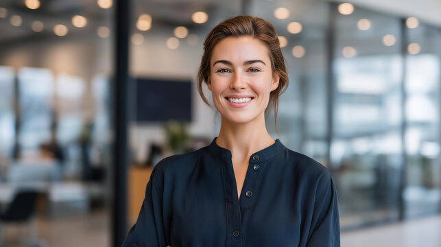 A friendly staff member in a modern corporate office greeting visitors with a genuine smile as digital signage and glass-wall meeting rooms form a sleek backdrop — professional business