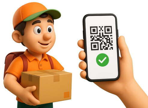 Delivery person with package and smartphone showing QR code and checkmark on white background courier isolated on a transparent background
