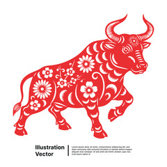 Red Chinese Year of the Ox with Floral Ornamentation Vector Illustration