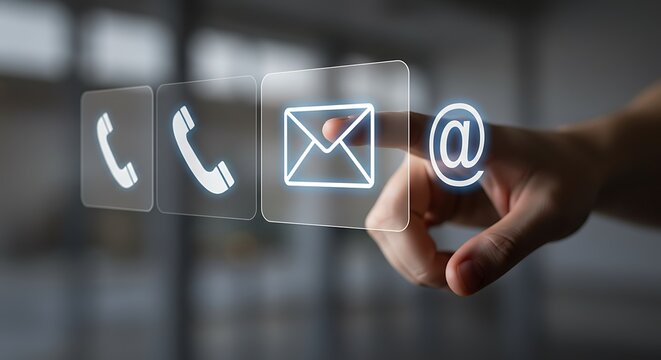 A finger presses a glowing icon of an email envelope, representing digital communication and contact options in a modern interface
