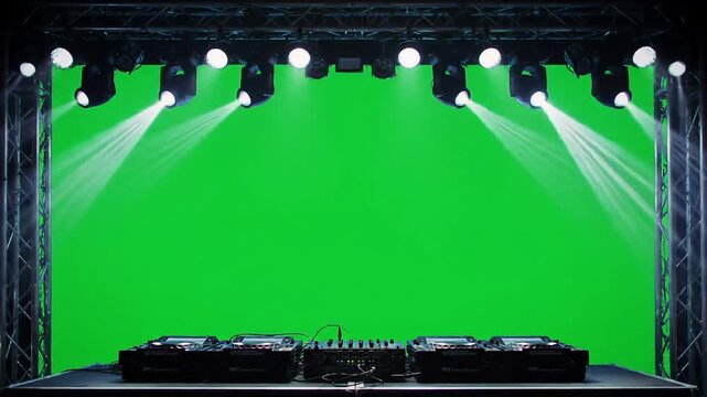 Dj stage setup with lights and green screen background for compositing or branding