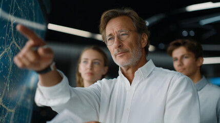 Close-up of older professional pointing to futuristic digital schematics with younger assistants taking notes, emphasizing education in later life, experienced mentorship, and collaboration in