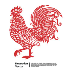 Intricate Red Rooster Illustration with Detailed Feathers and Ornate Tail - A Symbol of Good Fortune