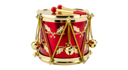 Red christmas drum ornament with drumsticks isolated on transparent background