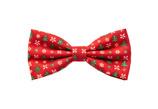 Red bow tie Christmas trees snowflakes pattern holiday festive, isolated on a transparent background - Powered by Adobe