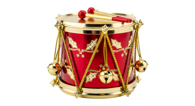Red christmas drum ornament with drumsticks isolated on transparent background