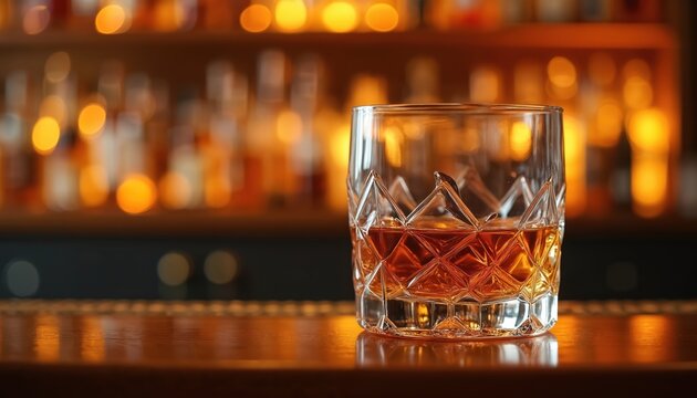 Amber Japanese whisky in crystal glass sits on polished bar counter. Soft bokeh lights create intimate high-end bar ambiance. Enjoying spirit.