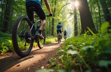 Cyclists ride bicycles on forest trail. People enjoy outdoor activity in nature. Sporty persons spend time in green wood during summer sunny day. Active leisure