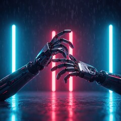 Detailed view of highly advanced chrome mechanical limbs illuminated by brilliant, harsh neon light sources in a futuristic rainy urban landscape ,high-tech ,darkness ,digital