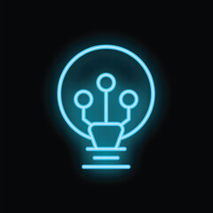 Neon blue lightbulb glowing on a black background, symbolizing artificial intelligence and innovation