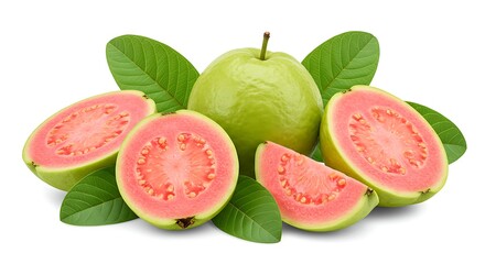 Freshly cut and whole tropical guava fruit arrangement with green leaves, isolated on white
