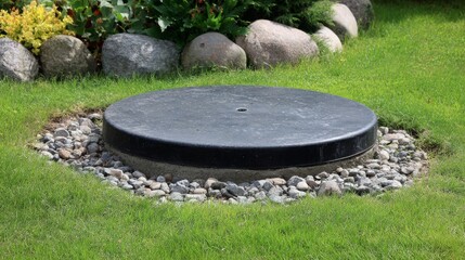 Black septic tank cover sits amid green lawn, pebbles. Circular lid protects underground system. Landscape design integrates utility access. Proper sanitation ensures clean water eco-friendly waste