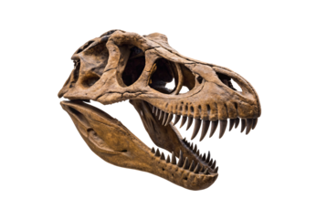 Dinosaur skull fossil jaw bones prehistoric paleontology ancient reptile, isolated on a transparent background