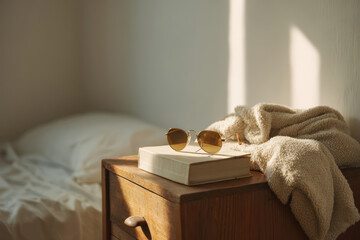 cozy bedside scene featuring beautifully textured diary adorned with ar text bars in soft blurred white resting on