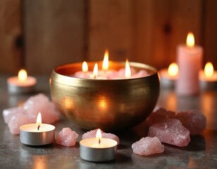 Tibetan singing bowl with burning candles, pink rose quartz crystals on table. Spiritual setup for meditation sound healing, relaxation therapy. Zen composition for wellness spa treatment