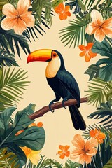 Naklejka premium A toucan perched on a high branch, framed by tropical flowers