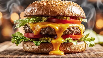 Juicy cheeseburger with melted cheddar cheese, fresh lettuce, ripe tomatoes, and pickles on a sesame seed bun, served on a wooden board with a blurred background animated 4k video