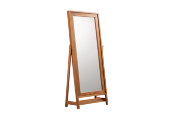 Contemporary oak standing mirror featuring minimalist A-frame legs and lower storage tray, isolated on a transparent background