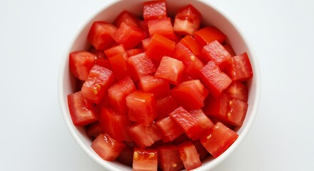 Freshly diced tomatoes in a white bowl ready for culinary use