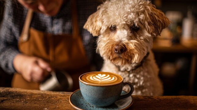 A barista crafts latte art while a fluffy dog watches intently. Coffee cup on a wooden counter - Powered by Adobe
