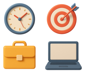 Four 3D Business Icons: Clock Briefcase Target and Laptop on White Background time wristwatch isolated on a transparent background