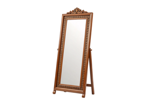 Ornate Victorian-style standing mirror with decorative carved crest and adjustable tilting frame, isolated on a transparent background