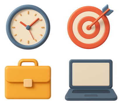Four 3D Business Icons: Clock Briefcase Target and Laptop on White Background time wristwatch isolated on a transparent background - Powered by Adobe
