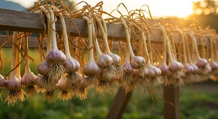 Freshly harvested garlic bulbs hanging on a wooden rack, sunlit, preparing for curing