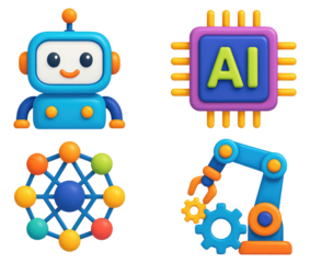 Four 3D Icons Illustrating AI and Robotics with Blue and Green Color Scheme isolated on a transparent background