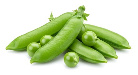 Freshly harvested green pea pods and shelled peas, isolated on a clean white background