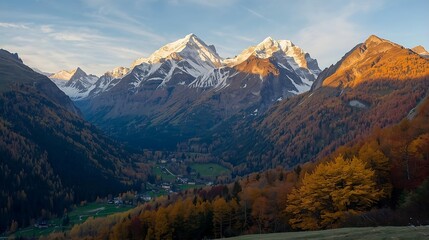 Fototapeta premium A wide angle landscape view of the majestic autumn mountains of at sunrise, snow-dusted peaks illuminated by golden light and vibrant autumn foliage in the valleys below