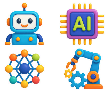 Four 3D Icons Illustrating AI and Robotics with Blue and Green Color Scheme isolated on a transparent background