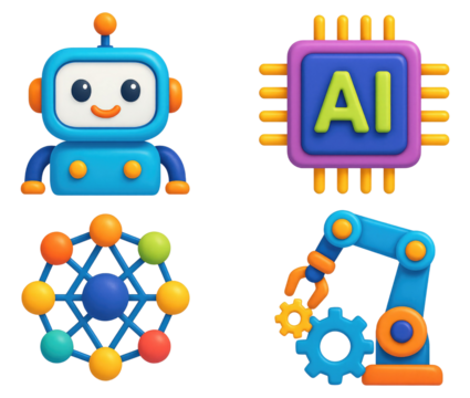Four 3D Icons Illustrating AI and Robotics with Blue and Green Color Scheme isolated on a transparent background - Powered by Adobe