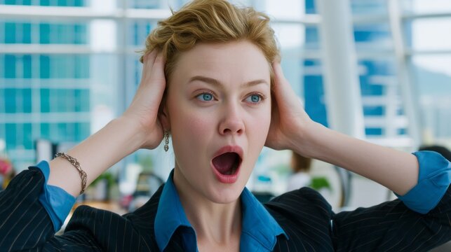 In a sleek office environment, a sophisticated female executive looks surprised, holding her head as she reacts to unexpected news. Natural light pours in, highlighting her elegance
