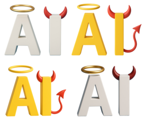 Four AI Icons With Halo and Devil Horns In Yellow and White artificial intelligence symbol isolated on a transparent background