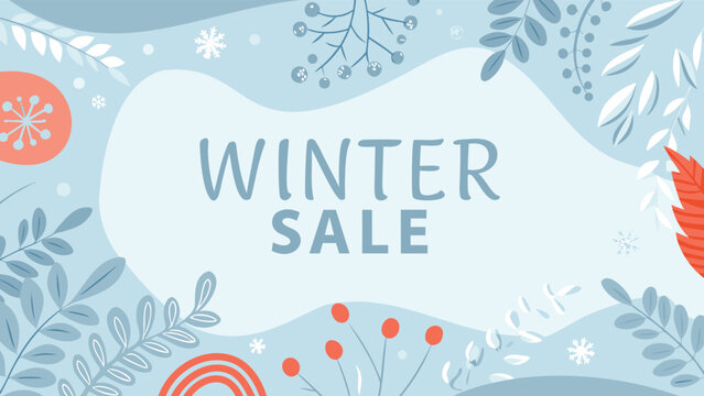 Cool toned winter promotional banner design featuring seasonal graphics and text elements perfect for advertising holiday sales and events