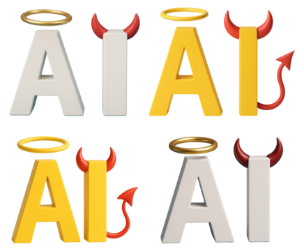 Four AI Icons With Halo and Devil Horns In Yellow and White artificial intelligence symbol isolated on a transparent background