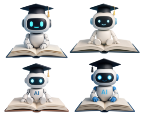 Four cartoon robots wearing graduation caps sitting on open books with AI text artificial intelligence isolated on a transparent background