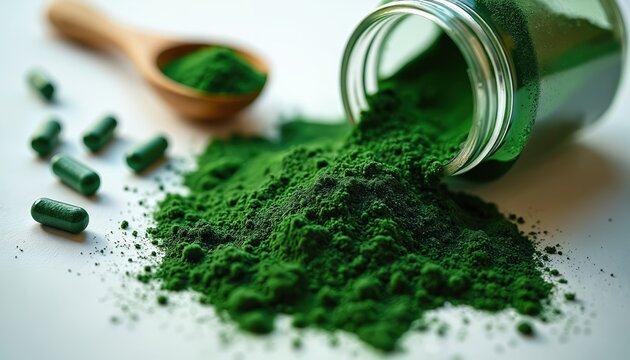 Green spirulina powder spills from glass jar onto white surface. Capsules, wooden spoon with algae powder nearby. Natural health supplement. Vibrant superfood.