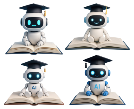 Four cartoon robots wearing graduation caps sitting on open books with AI text artificial intelligence isolated on a transparent background