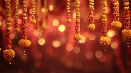Golden Marigold Flower Garlands Draped on Warm Red and Orange Bokeh Background
