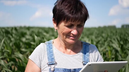 Female farmer using tablet in cornfield checking agricultural data for growing plants