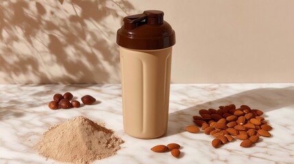 A protein shaker bottle stands proudly on a smooth marble surface, surrounded by protein powder, almonds, and cocoa nibs. This scene reflects a commitment to healthy living and fitness